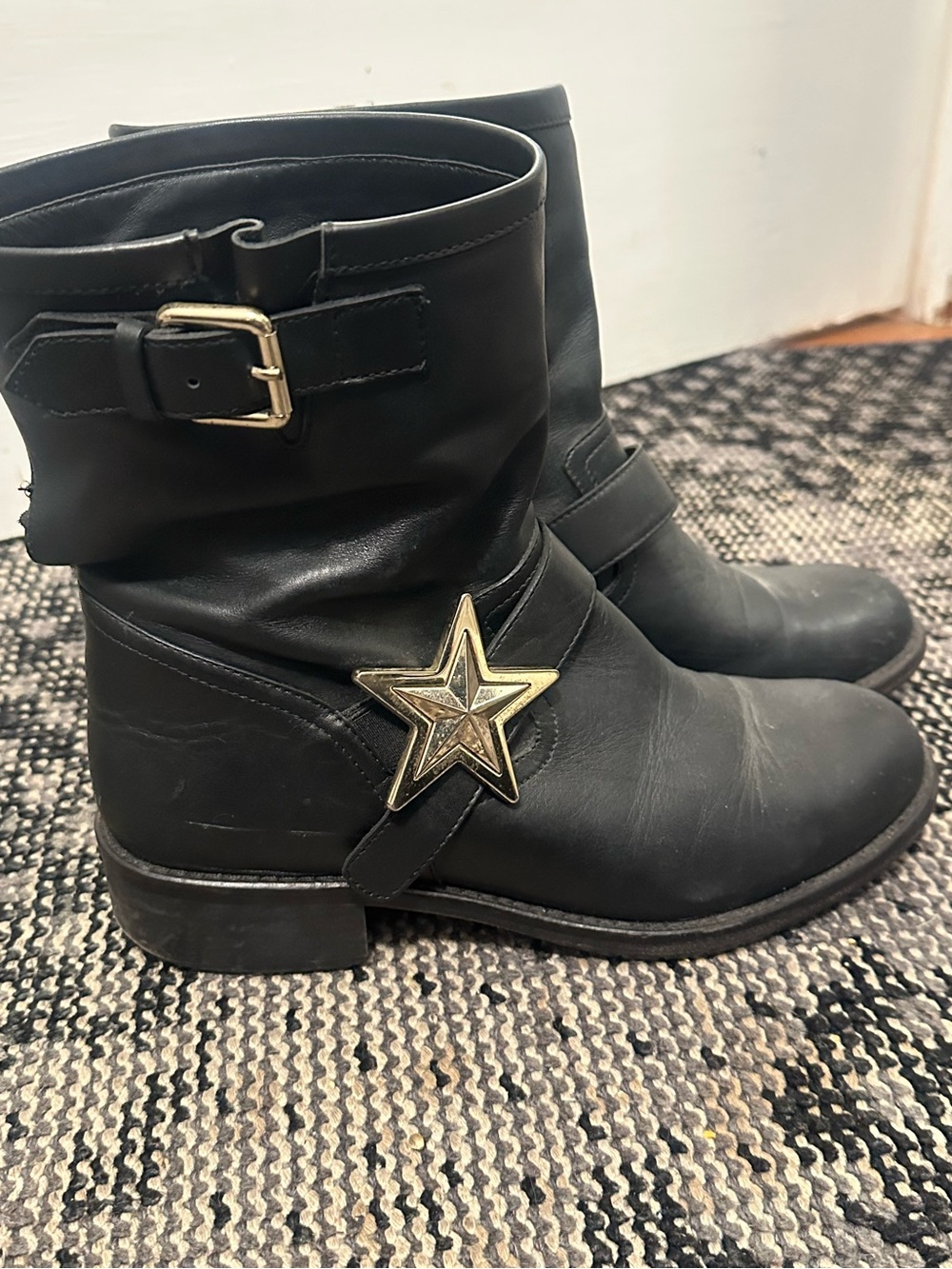 Red Valentino Black Leather Star Buckle Ankle Boots size 39